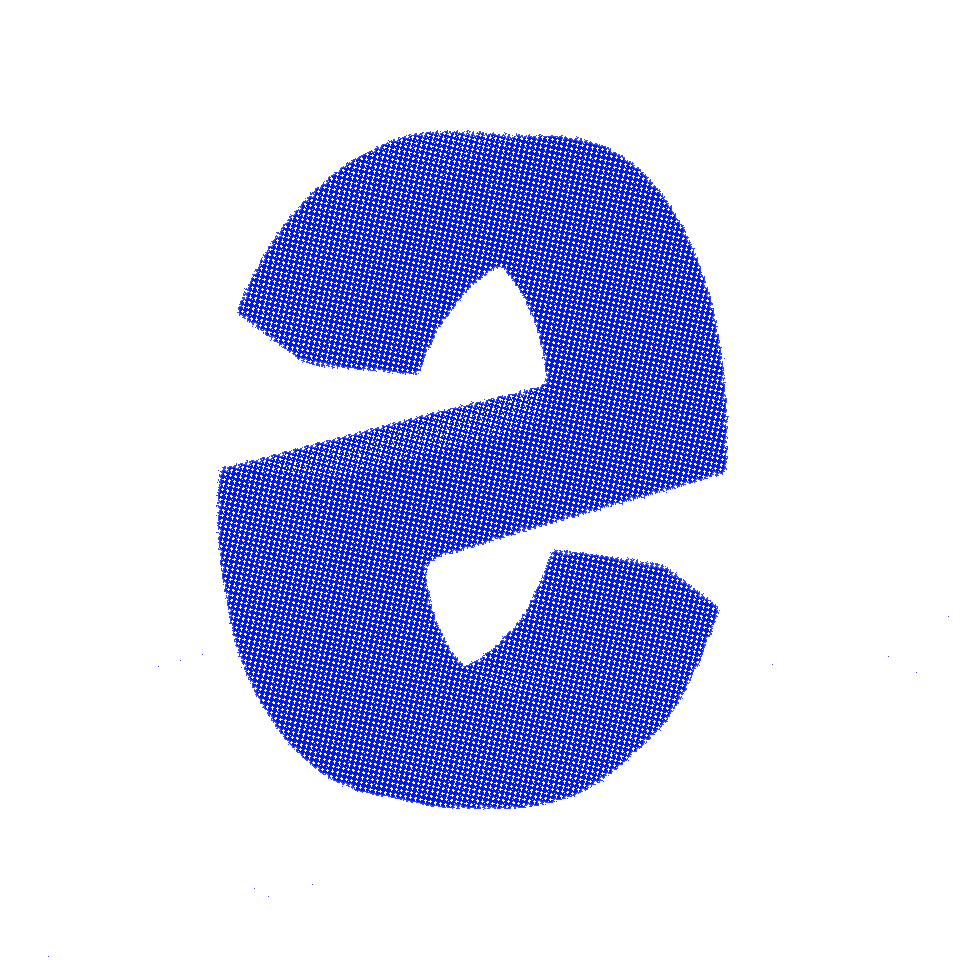a blue, 3D bitmapped glyph that looks like a letter e