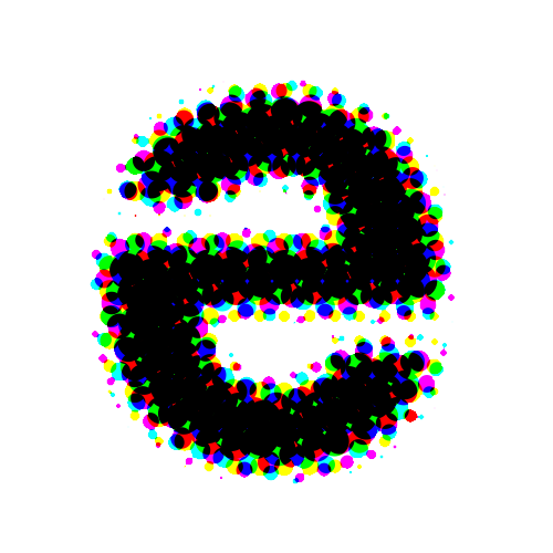 a color halftoned glyph that looks like a letter e